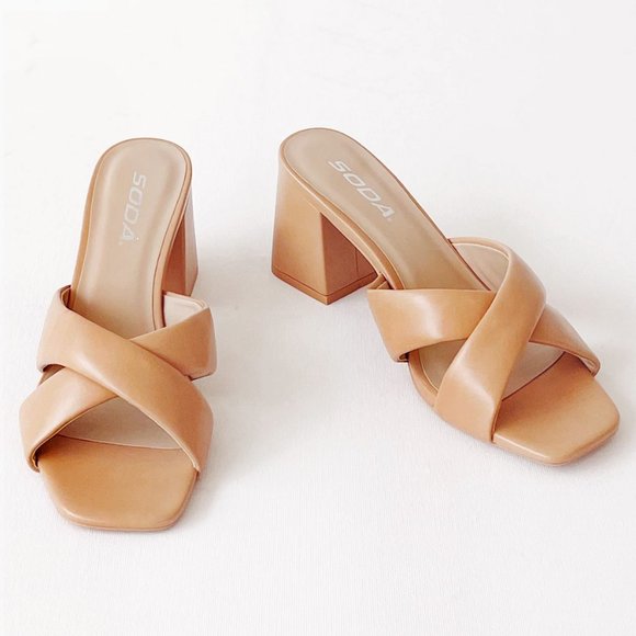 NEW Natural Tan Nude Twist Block Heel Slip Slide On Comfy Mule Sandal Shoes - Picture 11 of 12